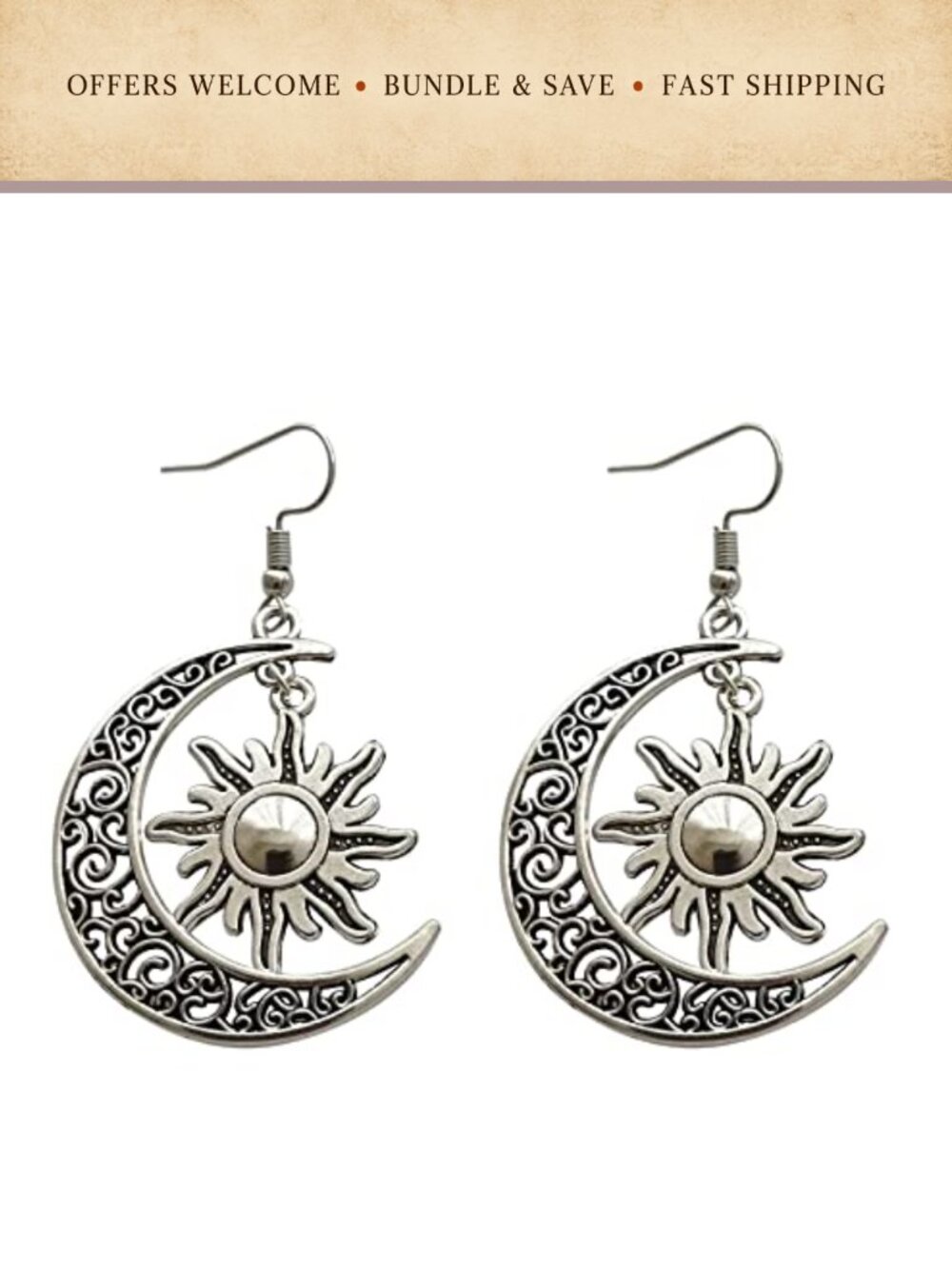 Crescent Moon and Sun Dangle Earrings Celestial Jewelry